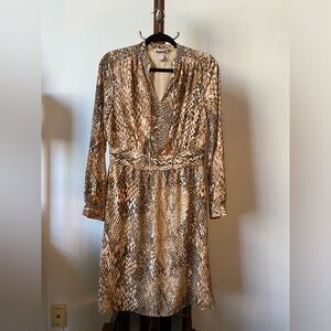 H&M long sleeve dress reptile snake print shades of brown defined waist size 8